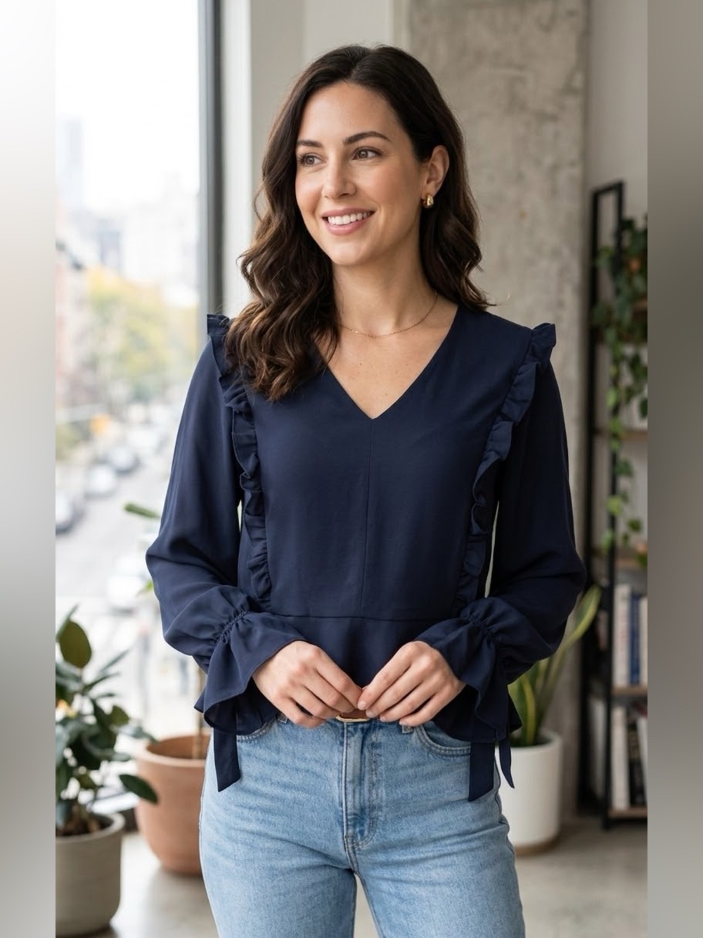 New! GRACIA Womenâs Navy Ruffle V-Neck Blouse Large